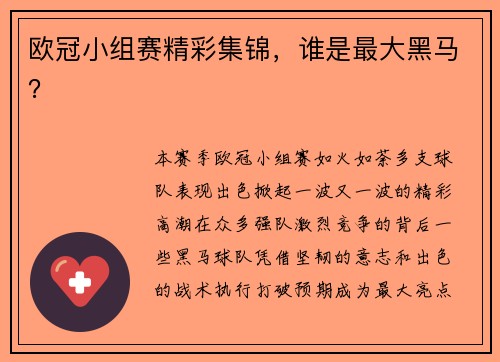 欧冠小组赛精彩集锦，谁是最大黑马？