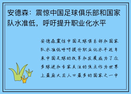 安德森：震惊中国足球俱乐部和国家队水准低，呼吁提升职业化水平